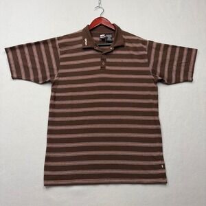 Split Polo Shirt Mens XL Brown Striped Y2K Skate Surf Short Sleeve Snap Button